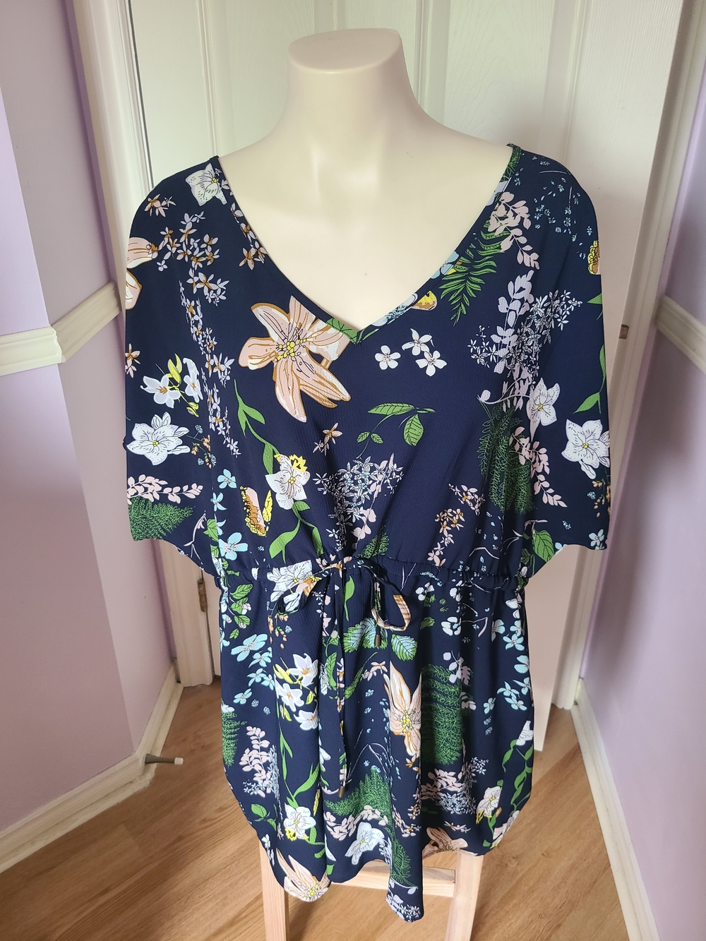 Mario Serrani Navy Floral V-Neck Drawstring Tunic with Green Accents